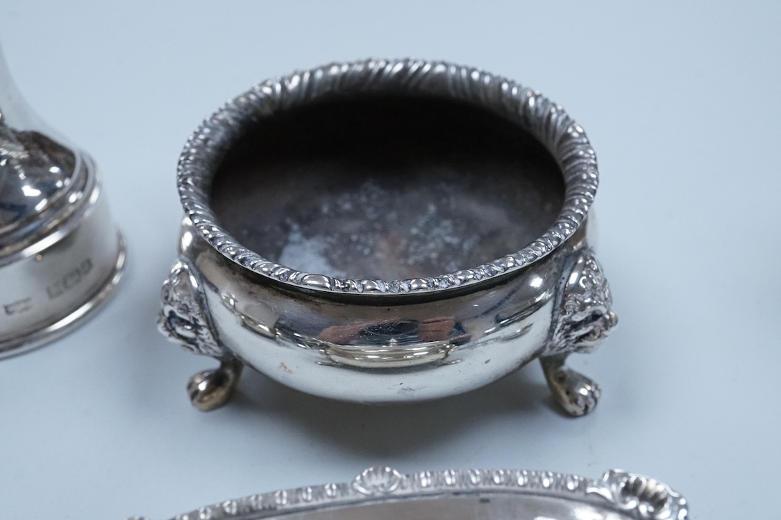 Two George VI silver three piece condiment sets by Walker & Hall, London, 1936/7, together with a modern silver mounted pepper mill by Mappin & Webb and two plated spoons.